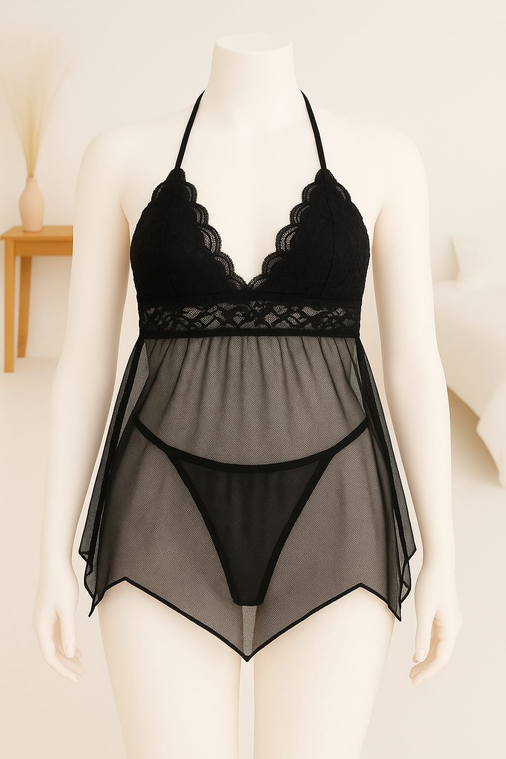 Ficuster Halter Neck Black Floral Lace Babydoll Nightwear