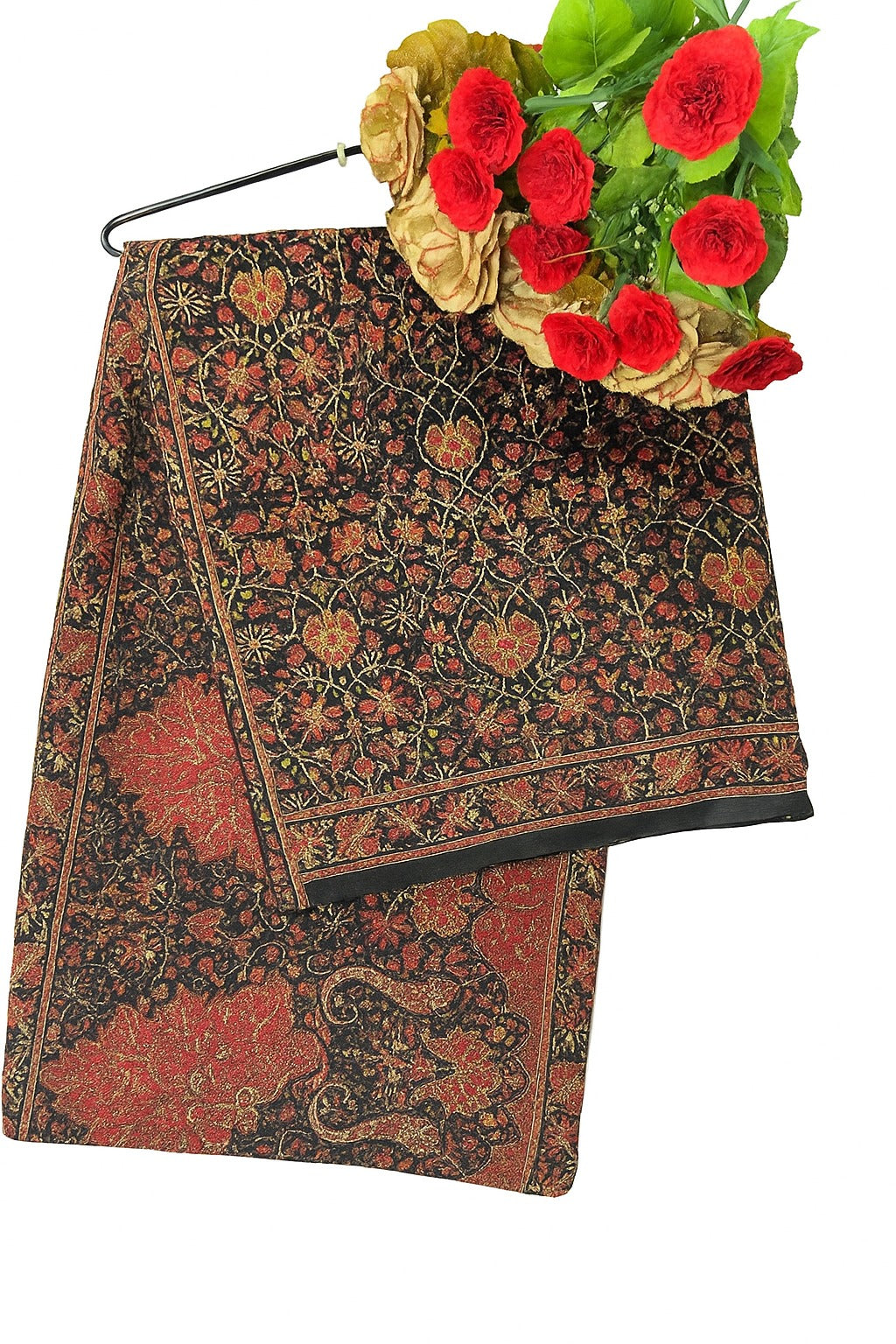 Ficuster Dupion Silk Fabric with Handcrafted Nakshi Kantha Work & Traditional Paisley Motifs
