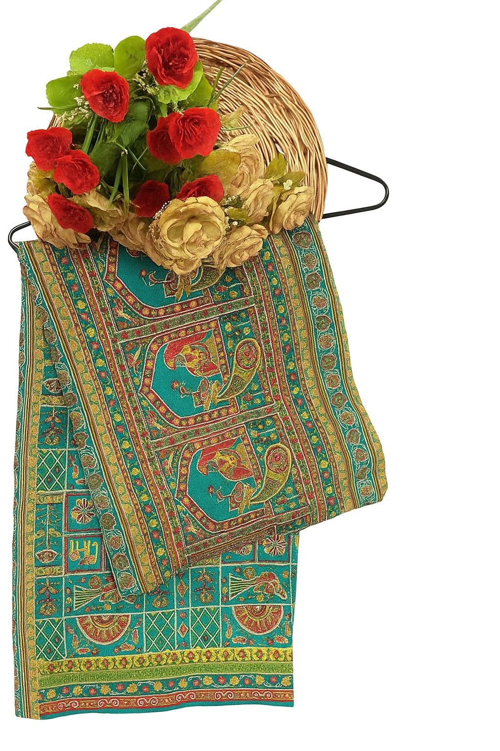 Ficuster Dupion Silk Fabric with Handcrafted Nakshi Kantha Work & Traditional Paisley Motifs