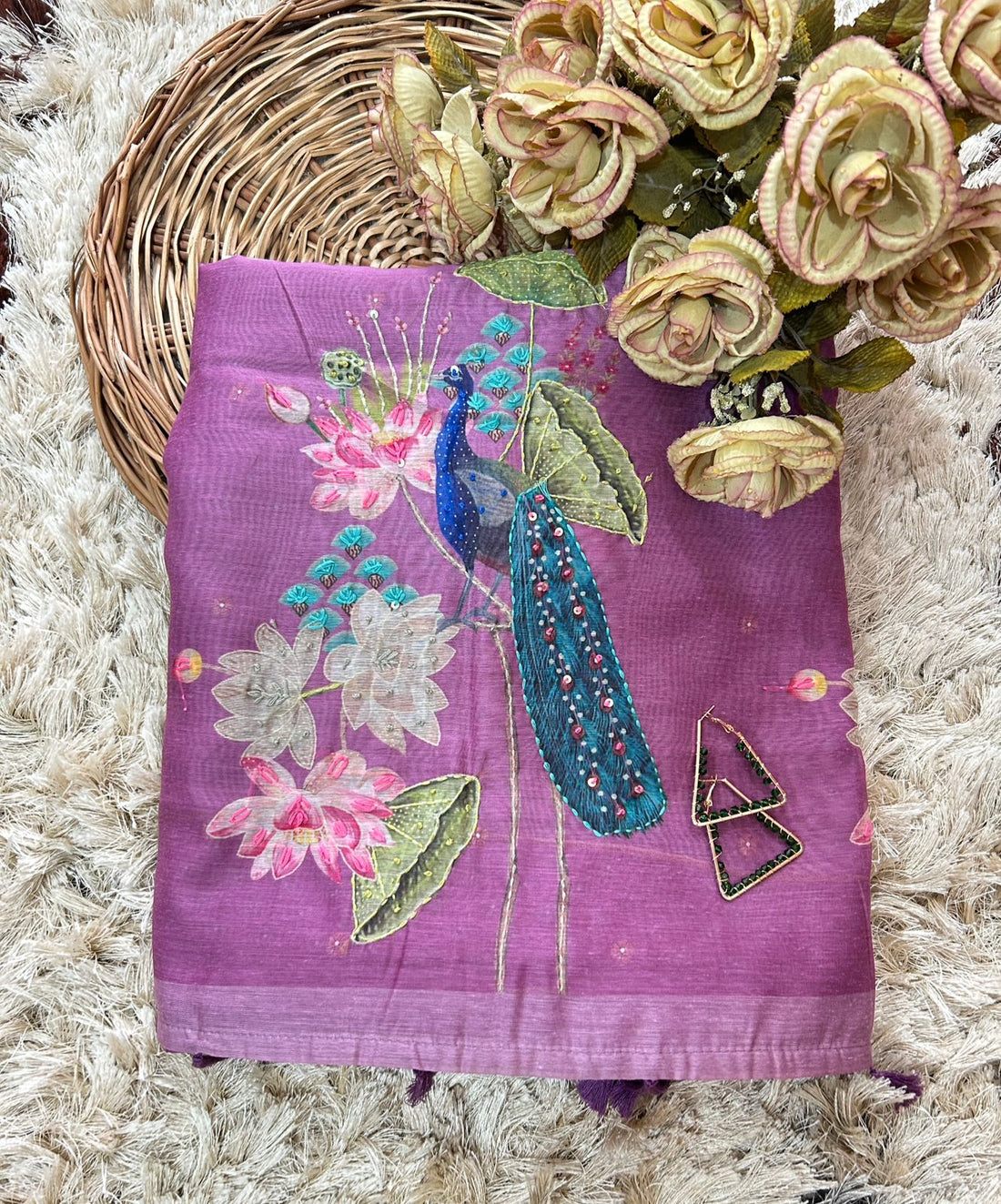 Ficuster Magenta Purple Soft Organza Saree with Hand Embroidered Floral Applique and Sequin Work