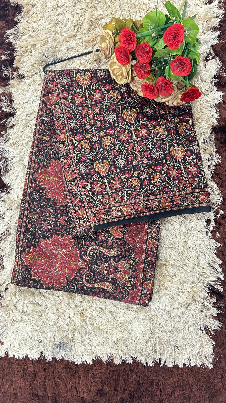 Ficuster Dupion Silk Fabric with Handcrafted Nakshi Kantha Work & Traditional Paisley Motifs