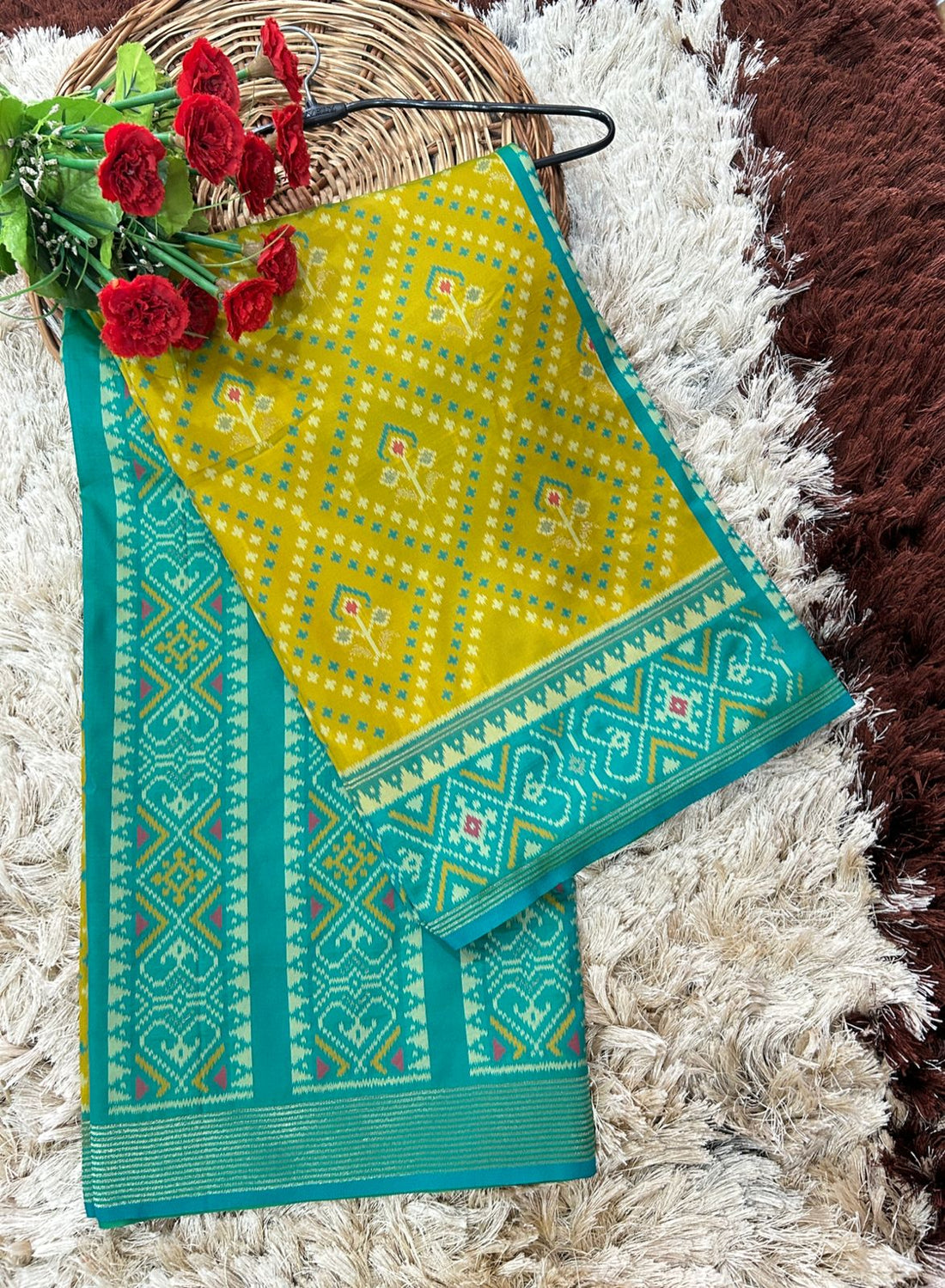 Ficuster Handwoven Ikat Silk Saree – Mustard Yellow with Turquoise Blue Border