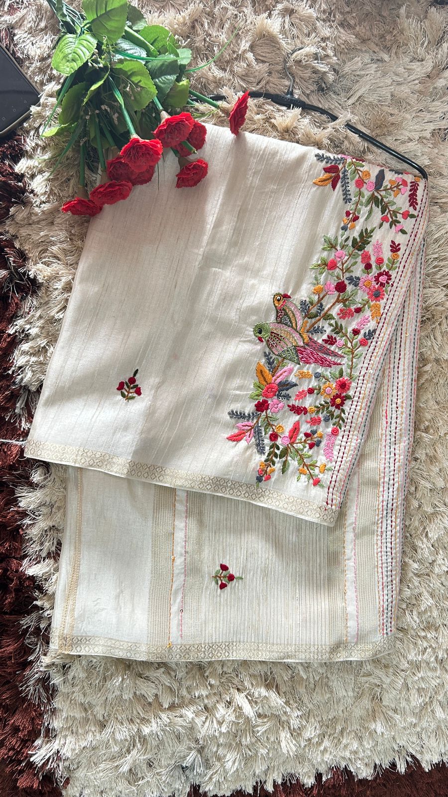 Ficuster Elegant Tussar Silk Saree with Handcrafted Multicolor  Birds & Floral Motifs Embroidery
