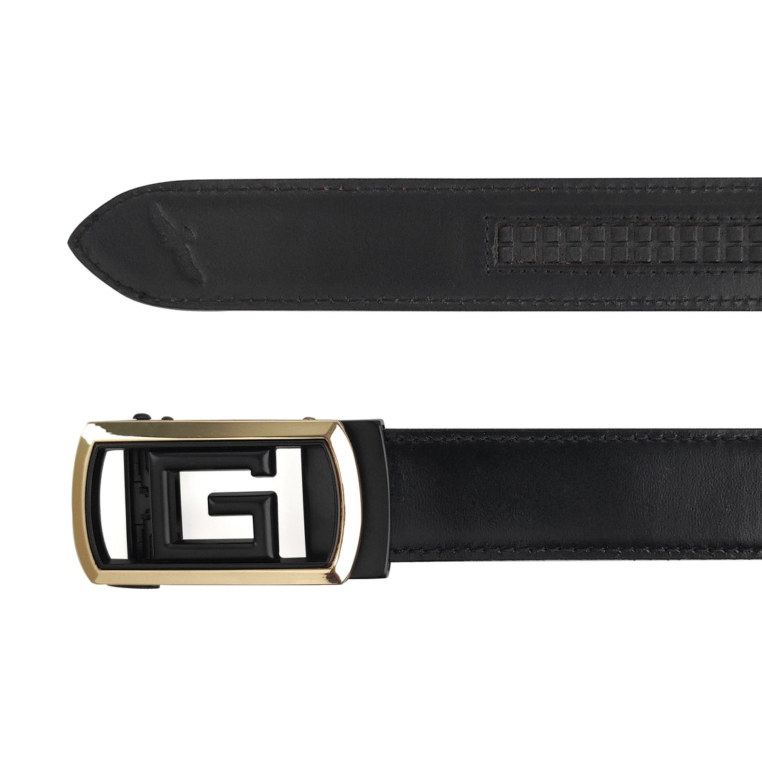Ficuster Men Autogrip Metal Buckle Black Textured G Letter Genuine  Leather Belt
