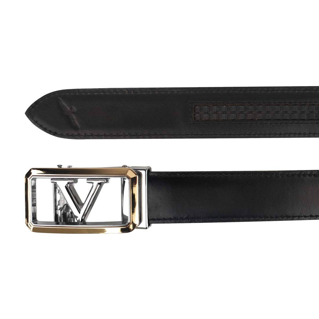 Ficuster Men Autogrip Metal Buckle Black Textured V Letter Genuine  Leather Belt