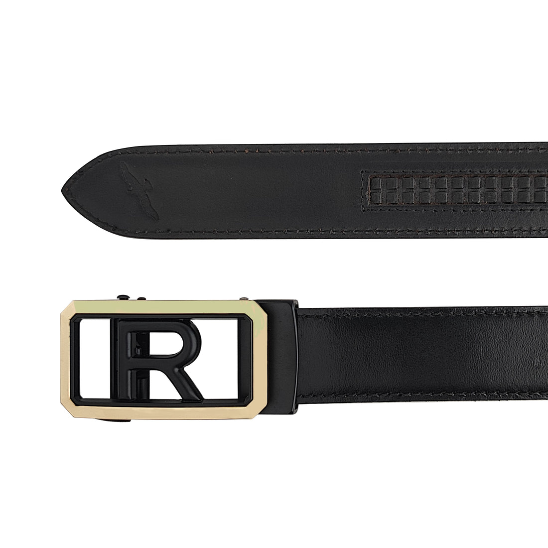 Ficuster Men Autogrip Metal Buckle Black Textured R Letter Genuine  Leather Belt