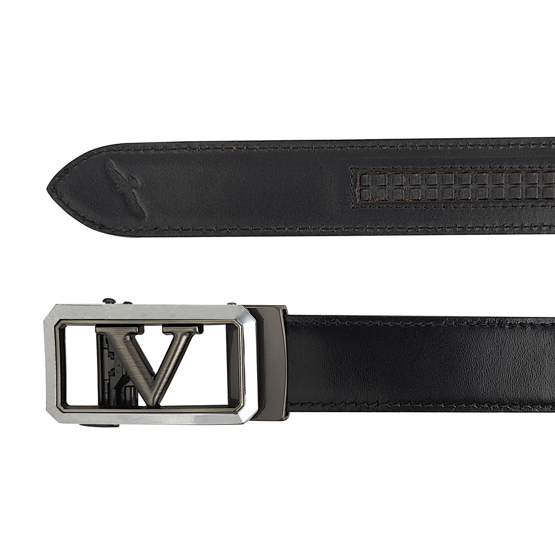 Ficuster Men Autogrip Metal Buckle Black Textured V Letter Genuine  Leather Belt
