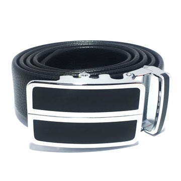 Ficuster Men Auto Grip Metal Buckle Black Vegan Leather Belt