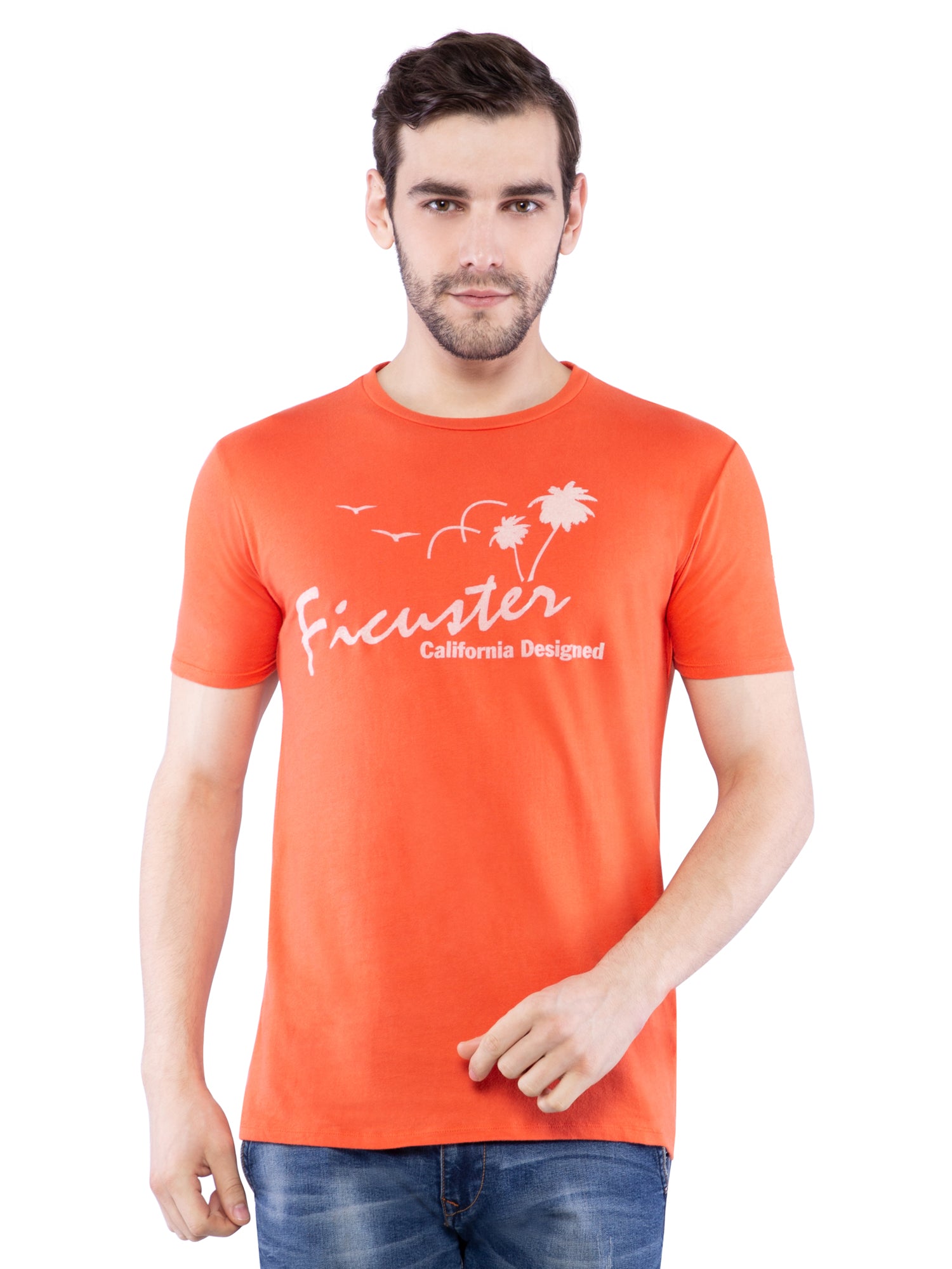 Ficuster Men Orange Printed Crew Neck T-Shirt