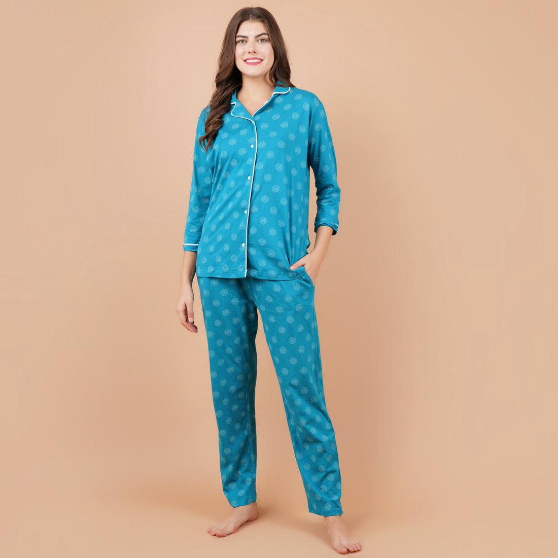 Ficuster Women Turquoise 3/4th Sleeve Night Suit (No Pocket Top Wear)