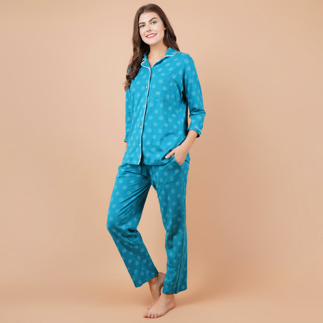 Ficuster Women Turquoise 3/4th Sleeve Night Suit (Single Pocket Top Wear)