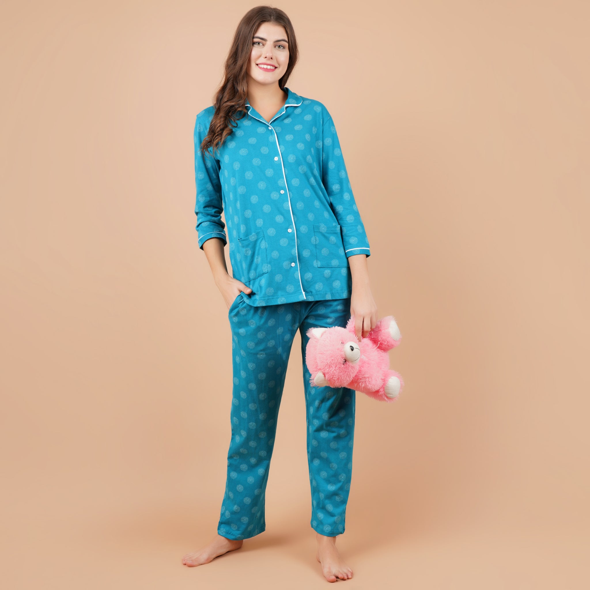 Ficuster Women Turquoise 3/4th Sleeve Night Suit (Double Pockets Top Wear)