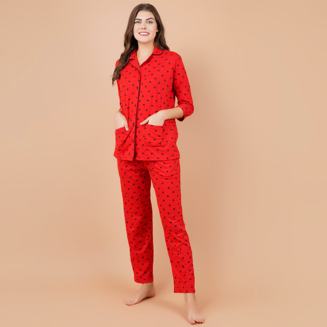 Ficuster Women Red 3/4th Sleeve Night Suit (Double Pockets Top Wear)