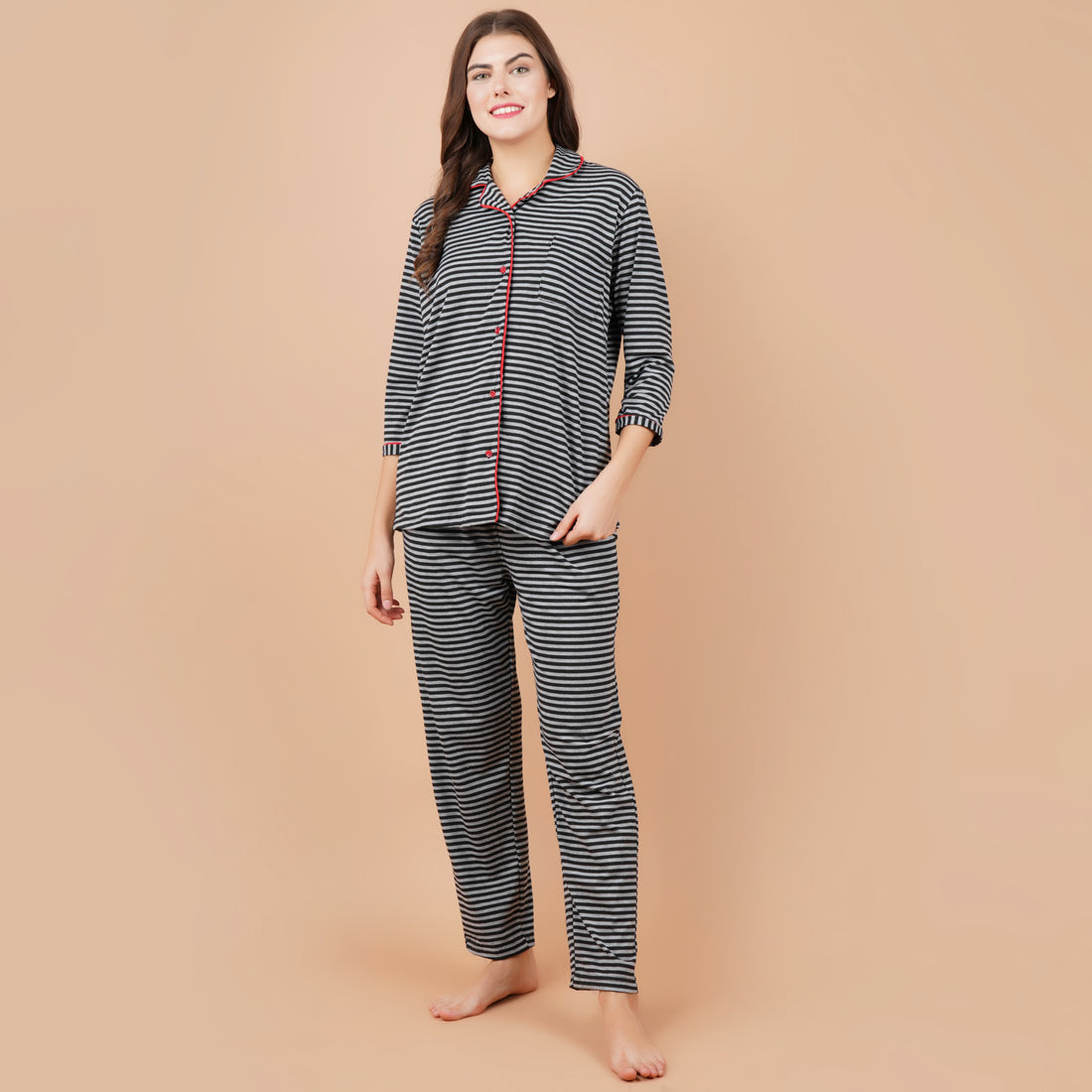 Ficuster Women Grey Black Stripe Pattern 3/4th Sleeve Night Suit (Single Pocket Top Wear)