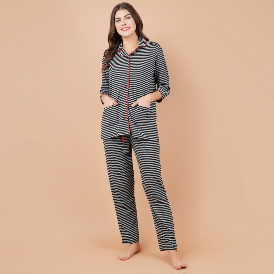 Ficuster Women Grey Black Stripe Pattern 3/4th Sleeve Night Suit (Double Pockets Top Wear)