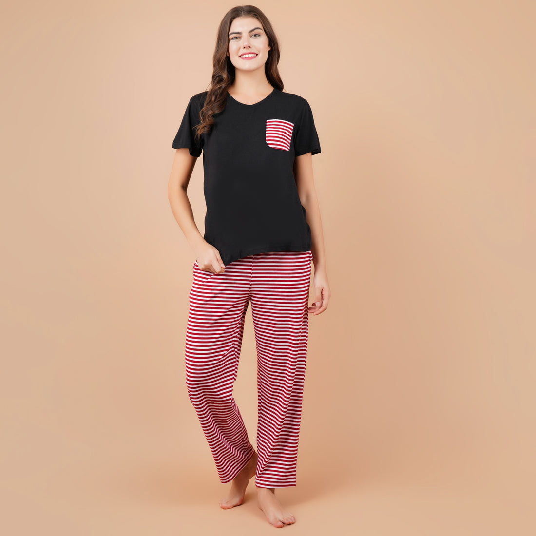 Ficuster Women Black Pink Short Sleeve Pyjama Set