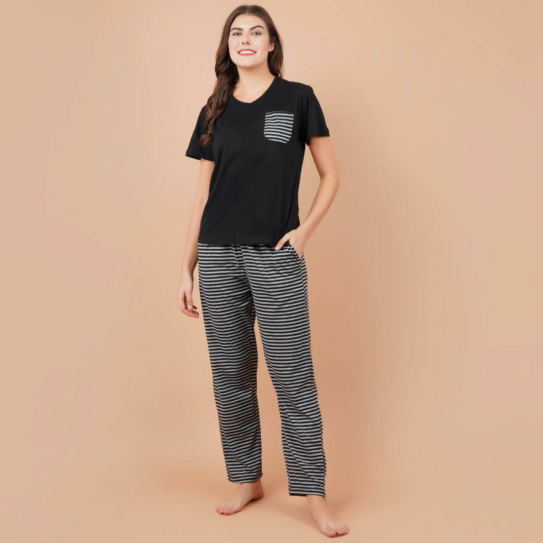 Ficuster Women Black Grey Short Sleeve Pyjama Set