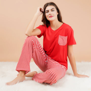 Ficuster Women Red Pink Short Sleeve Pyjama Set