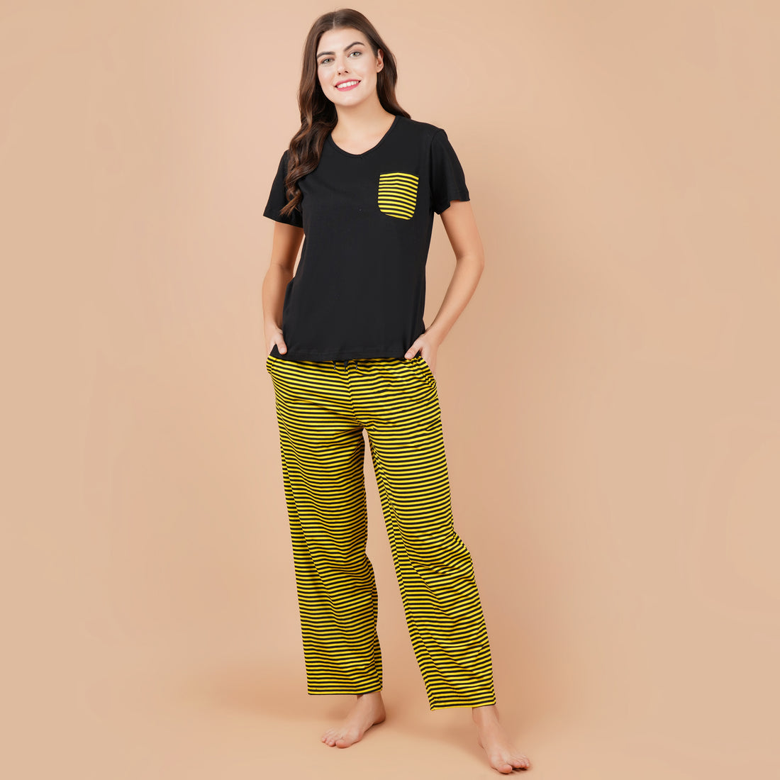 Ficuster Women Yellow Black Short Sleeve Pyjama Set