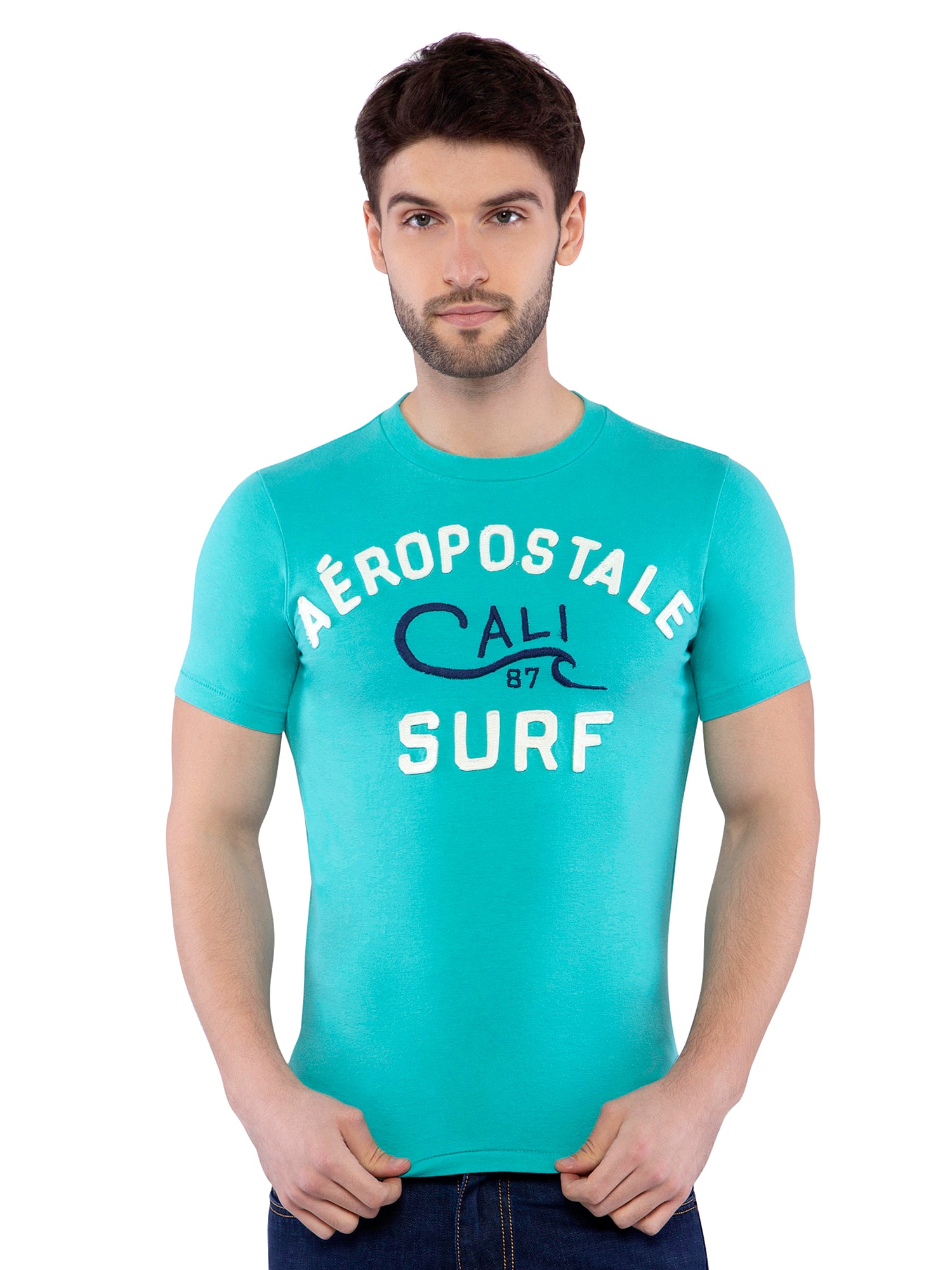 Aeropostale Men Applique Aqua Crew Neck T-Shirt