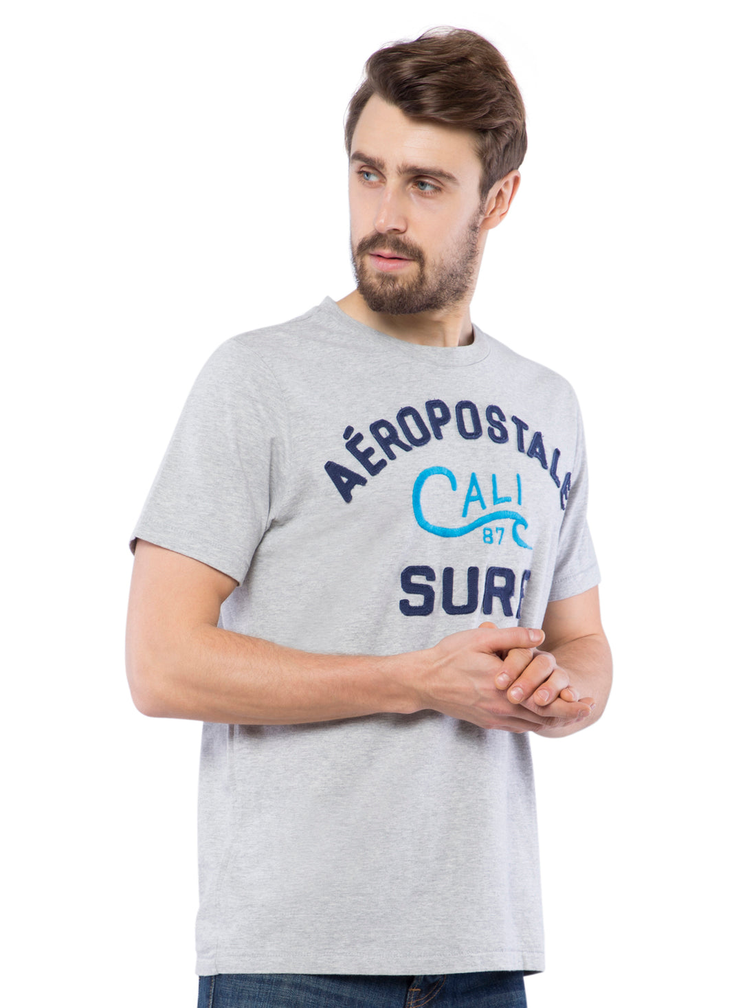 Aeropostale Men Grey Applique Crew Neck T-Shirt