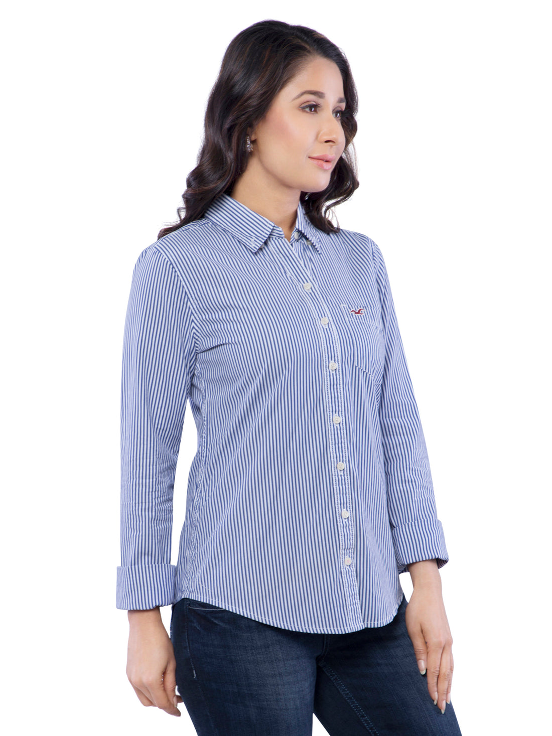 Hollister Women Stripe Pattern Blue Shirt