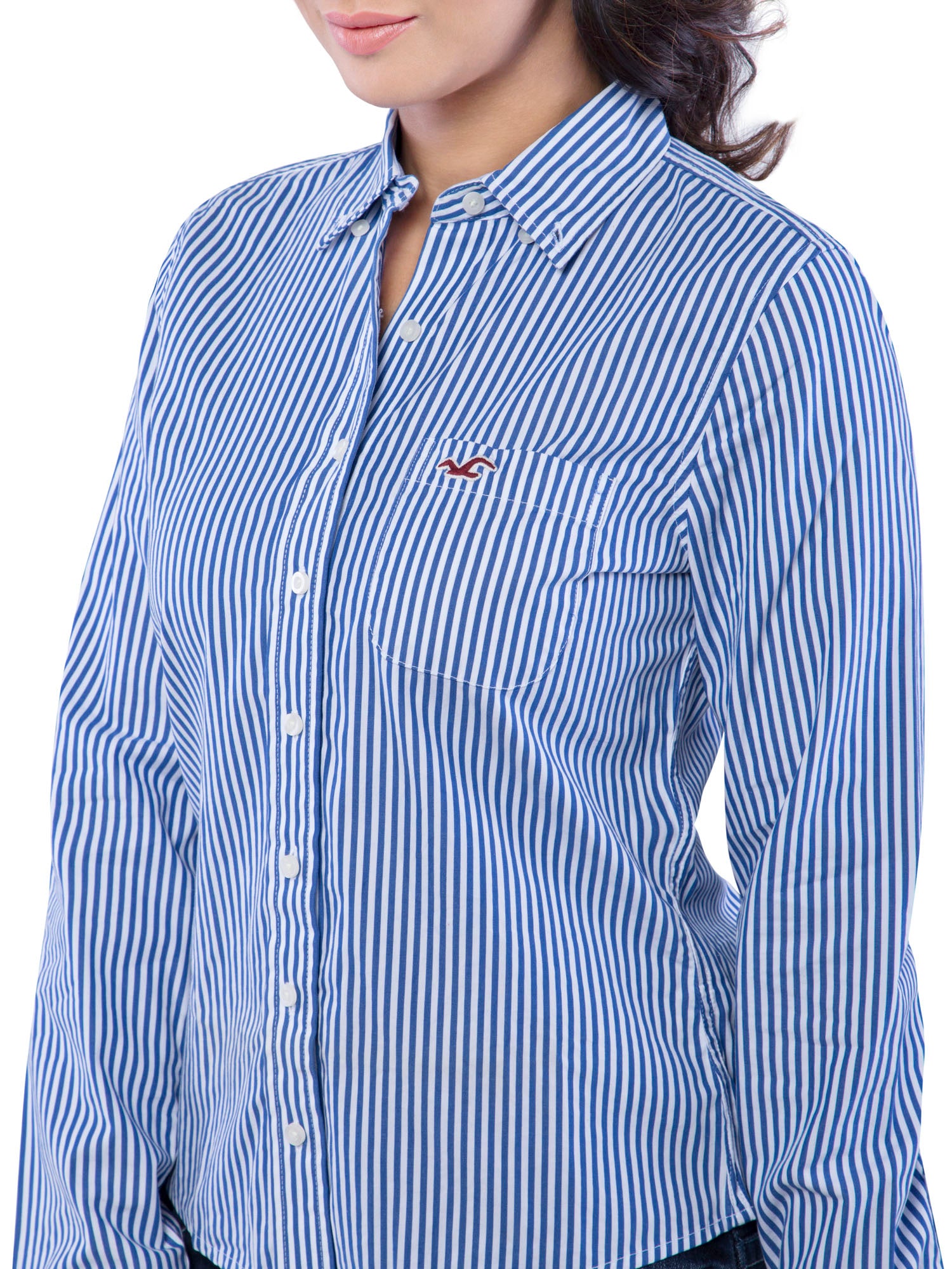 HOLLISTER WOMEN'S JUNIOR Casual Blue and White BUTTON DOWN SHIRT