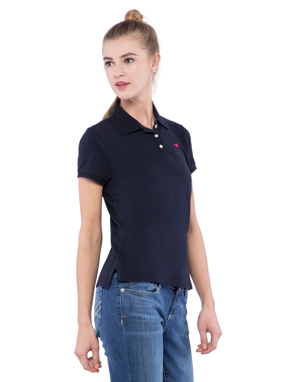 Hollister Women Black Solid Stretch Pique Polo