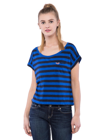 Hollister Women Blue Striped Scoop Neck Top