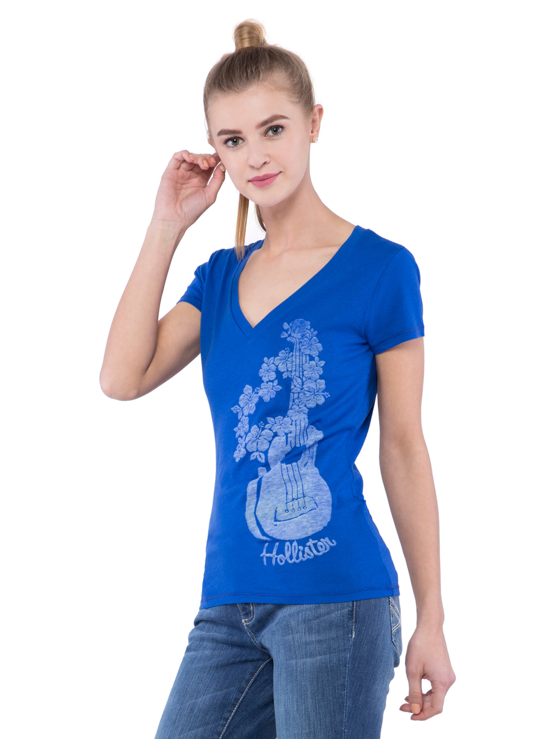 Hollister Women Blue V-Neck T-Shirt