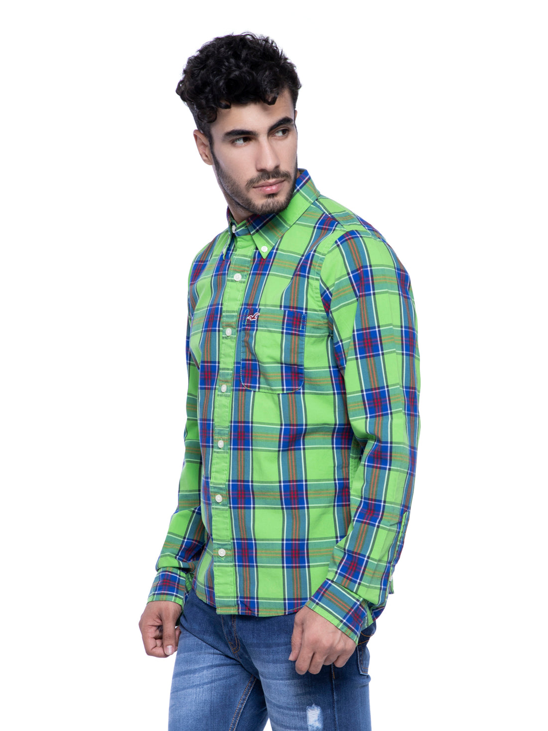 Hollister Men Green Blue Plaid Shirt