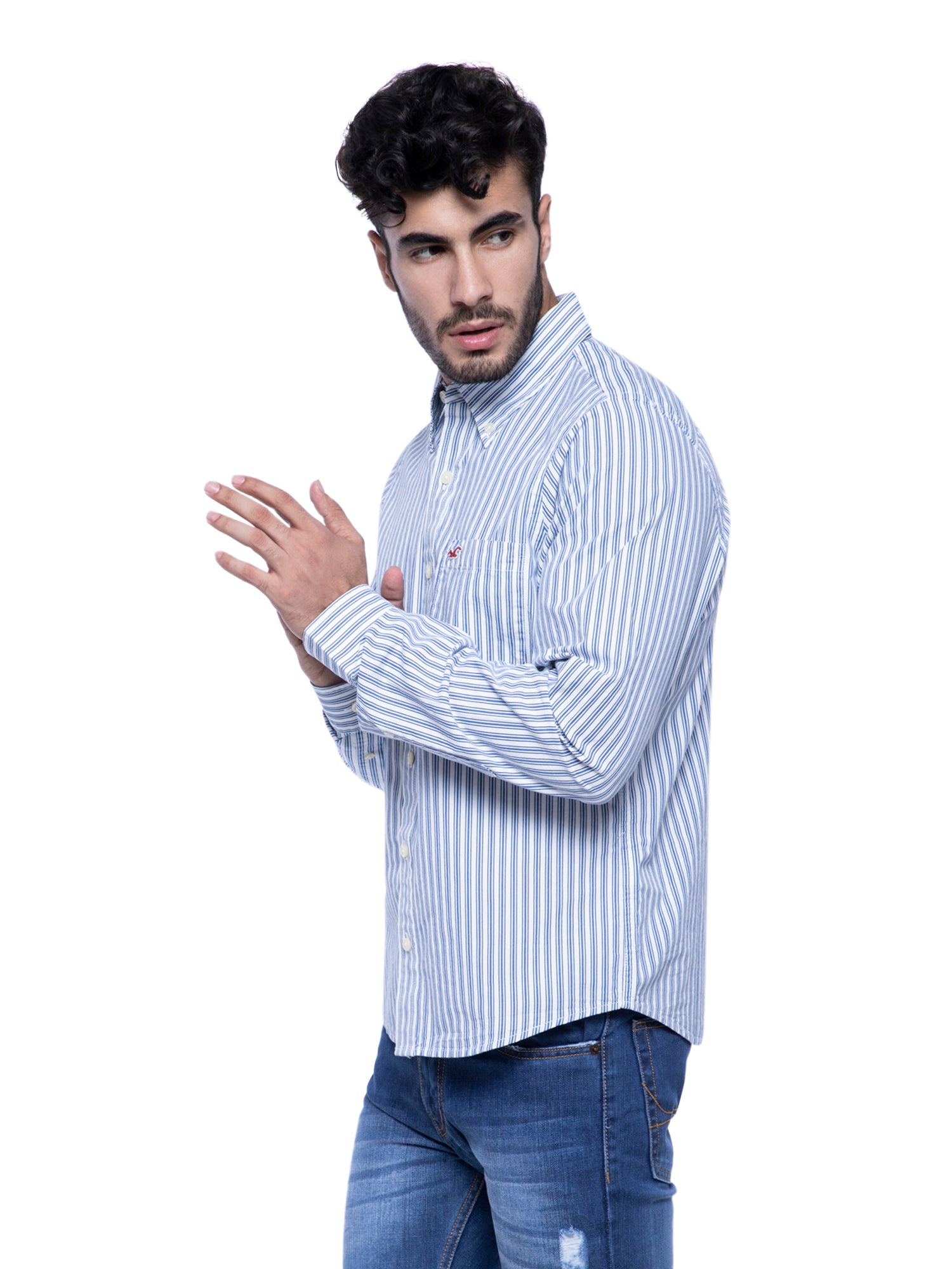 Hollister Long Sleeve Button Shirt Men's XL White Blue Striped