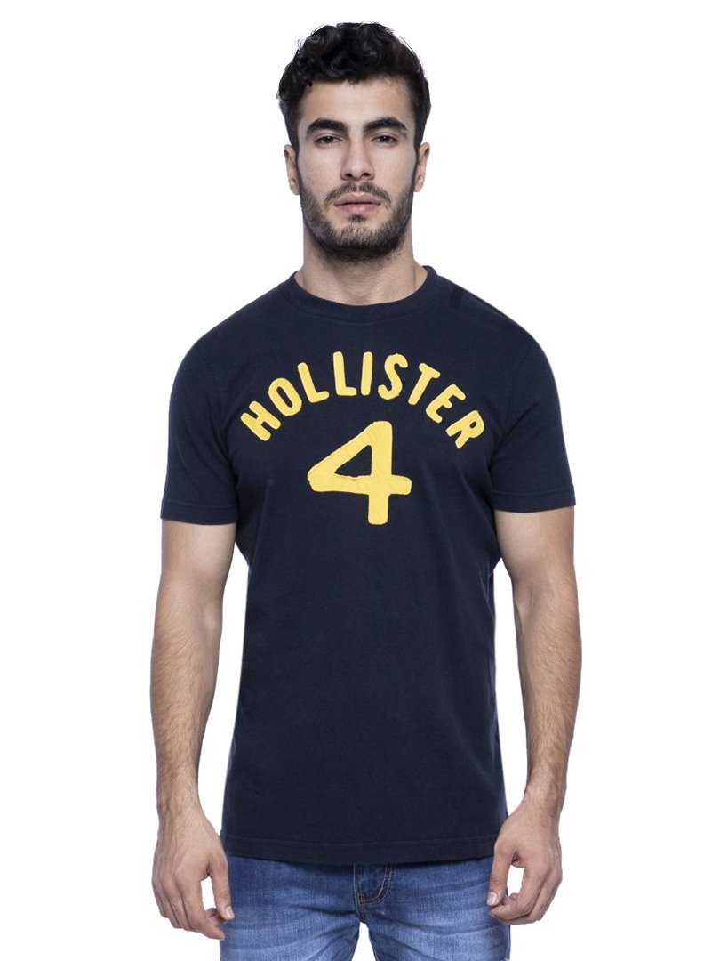 Hollister Men Black Applique Crew Neck T-shirt