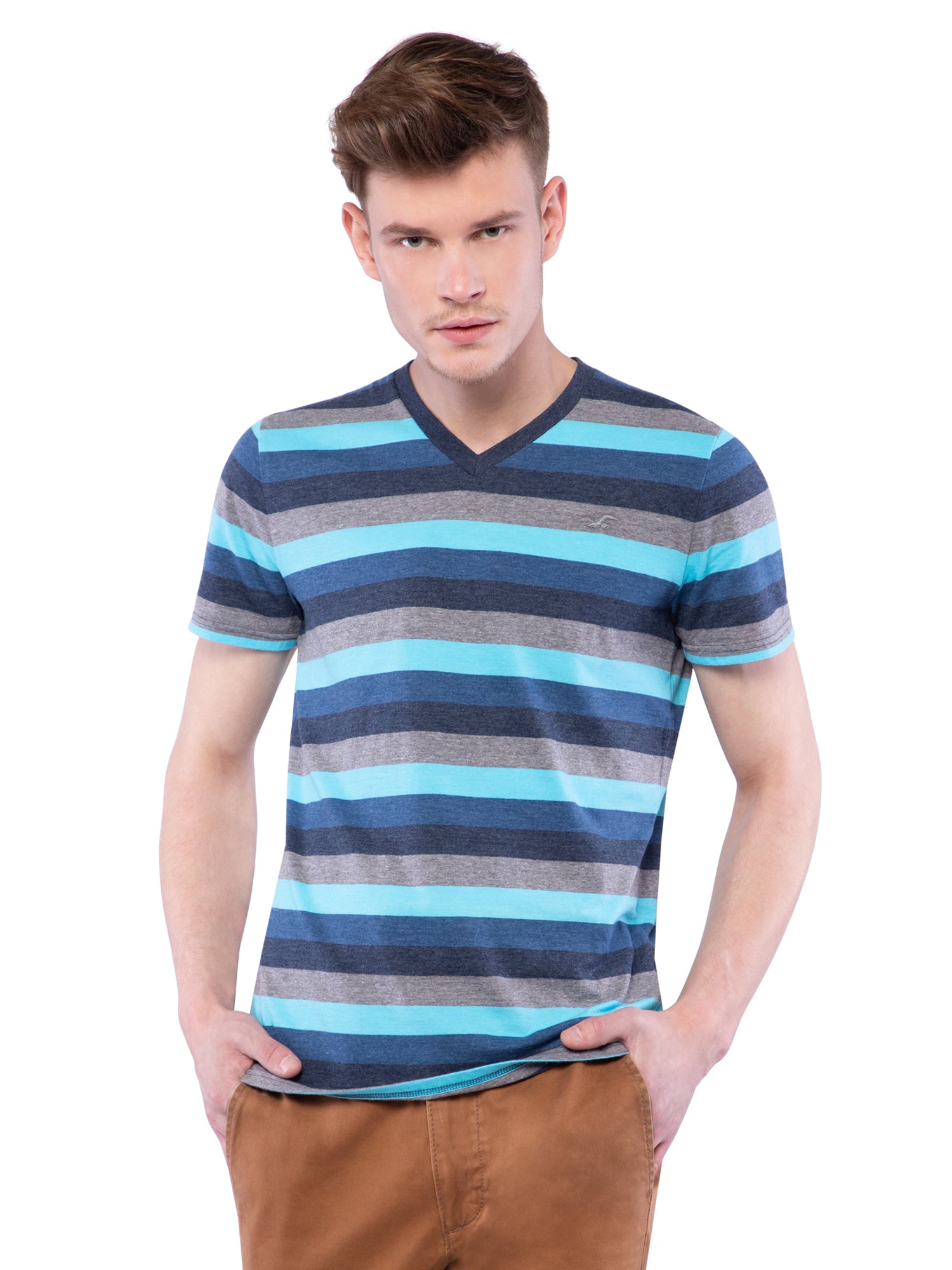 Hollister Men Blue Striped V-Neck T-shirt