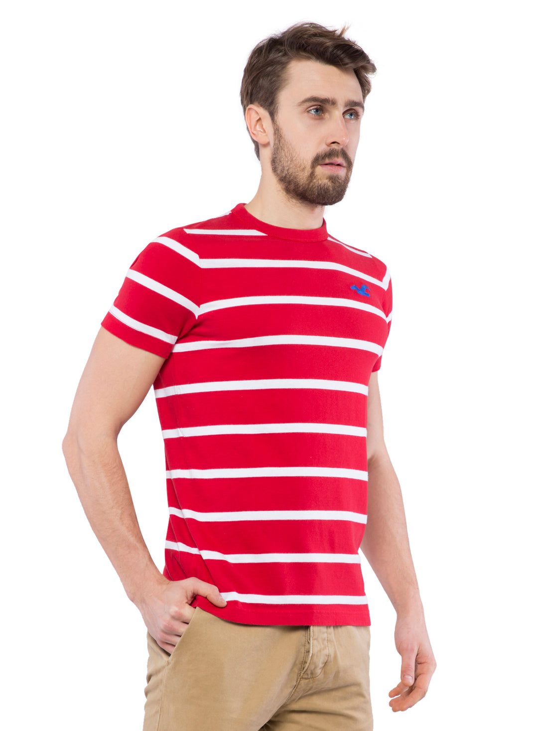 Hollister Men Red Striped Crew Neck T-shirt