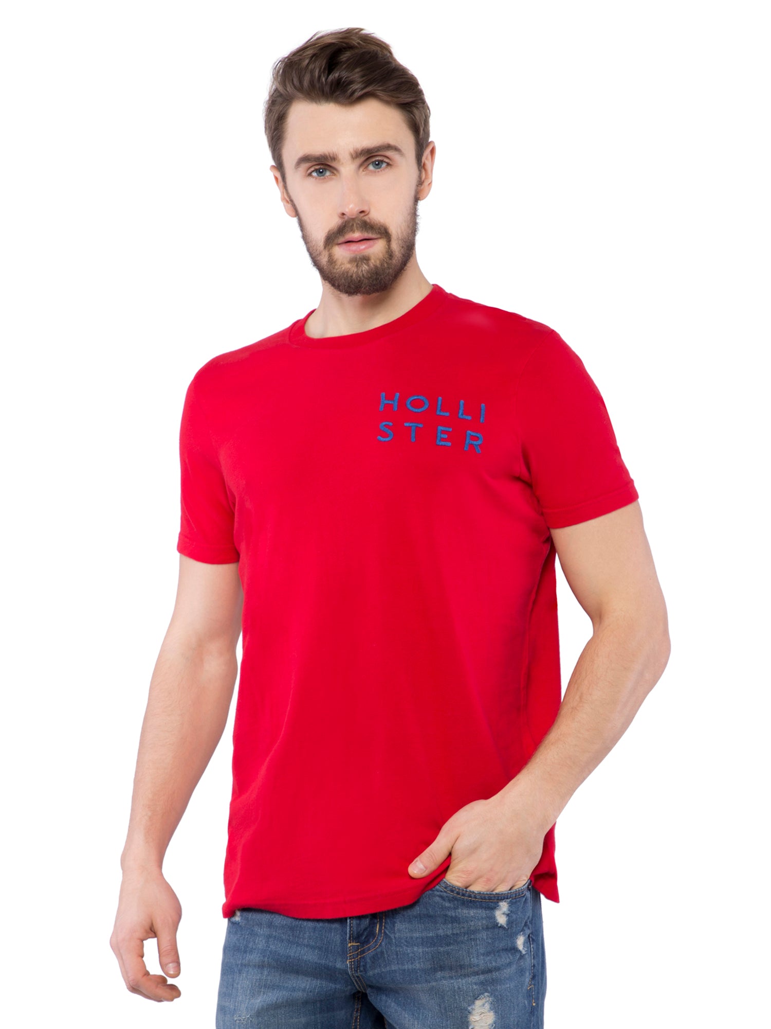 Hollister Men Red Solid Crew Neck T-shirt