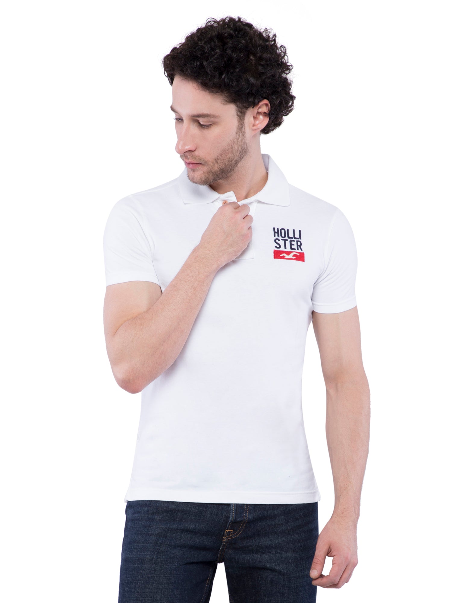 Hollister Men White Solid Stretch Pique Polo